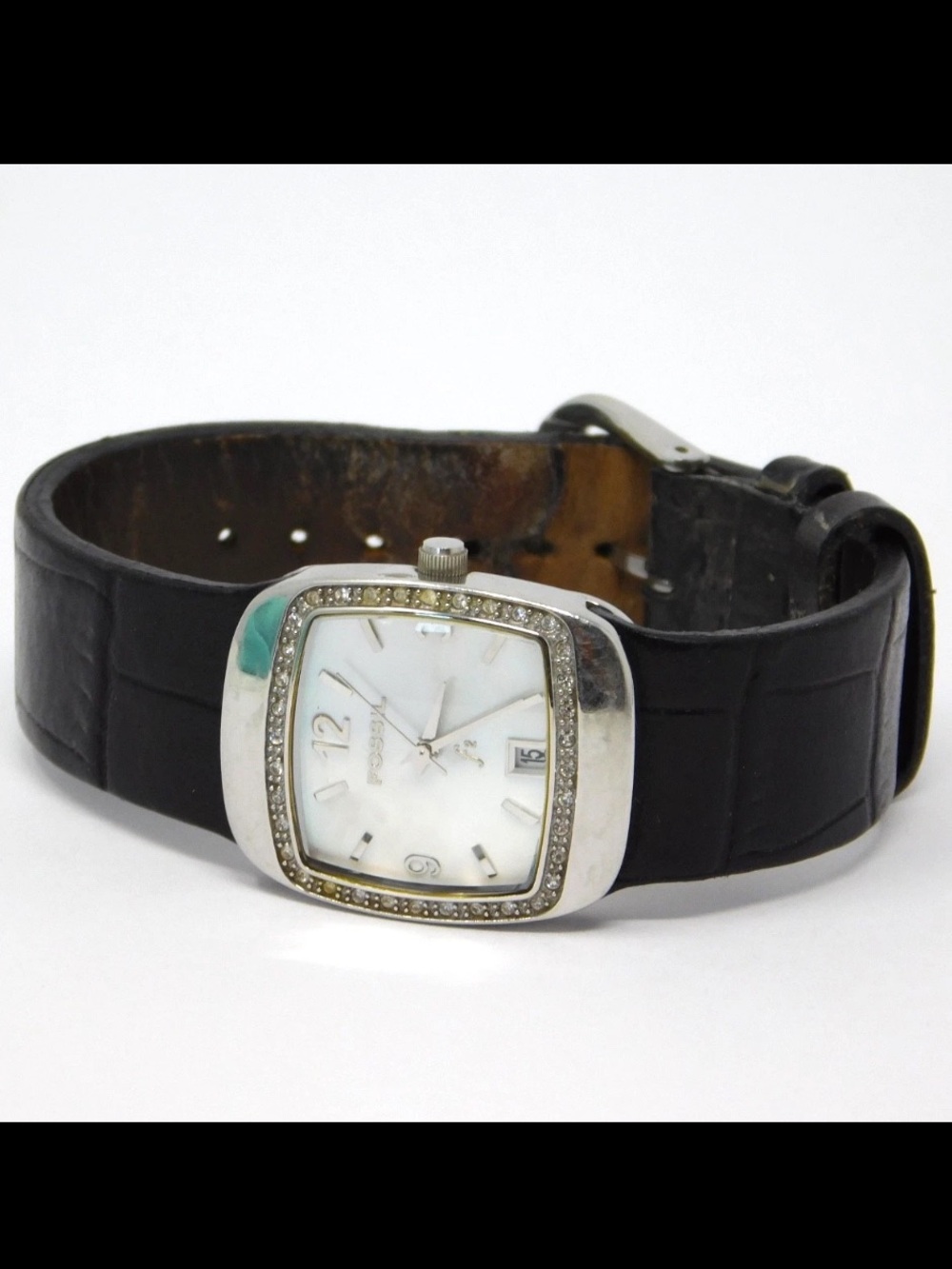 Fossil Women's Watch F2 ES9719 Black Leather Crystal Bezel MOP Dial Date Ladies